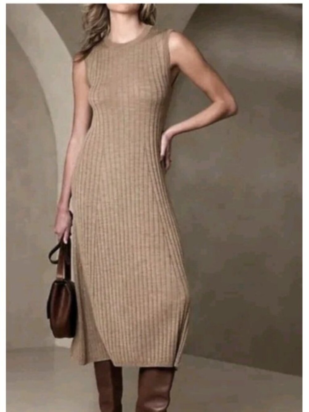 Banana Republic Andiamo Merino Wool Ribbed Sweater Dress XS Beige Taupe Midi